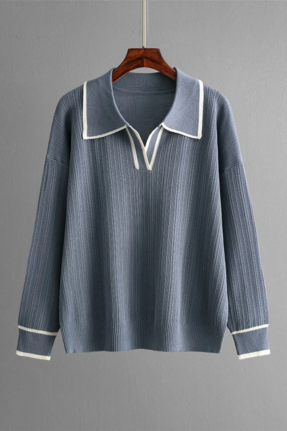 Contrast Trim Johnny Collar Top and Drawstring Pants Sweater Set, image 4