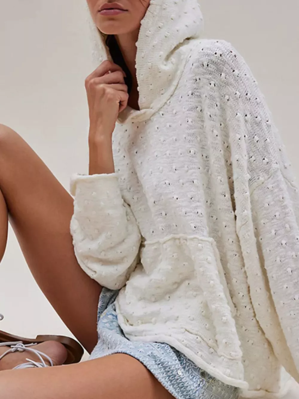 Textured Dot Knit Long Sleeve Hooded Sweater, image 10