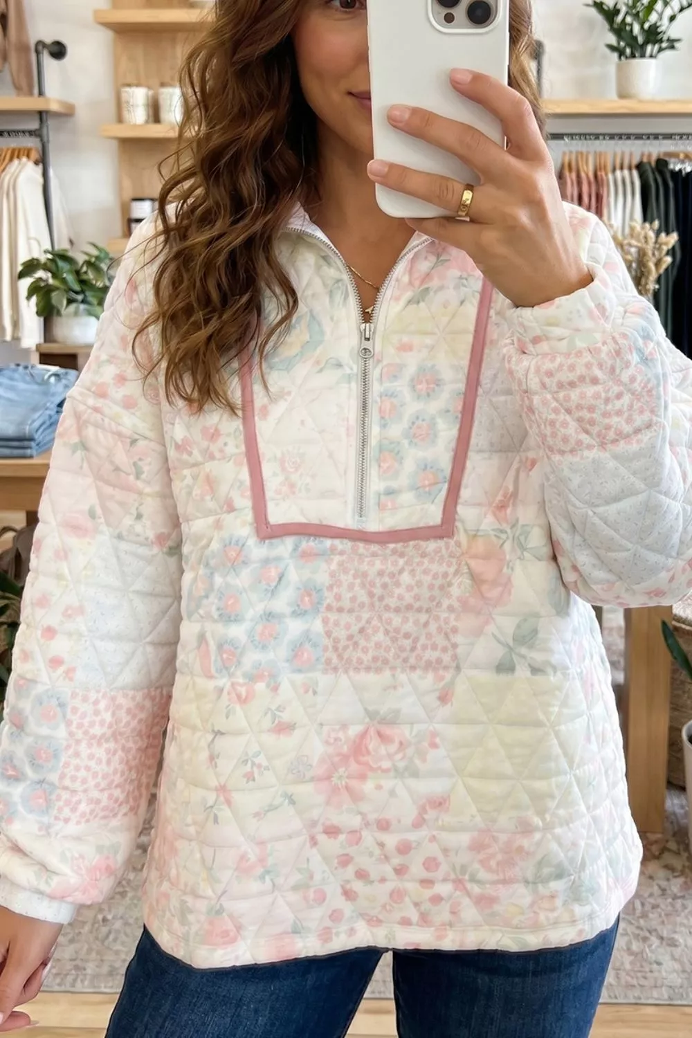 Floral Quilted Half Button Pocketed Pullover Sweatshirt, image 2