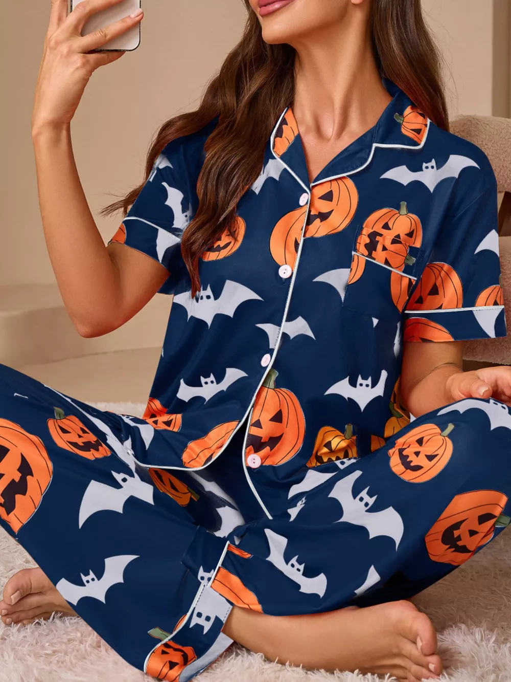 Halloween Pumpkin and Bat Print Button-Down Top and Pants Lounge Set, image 2