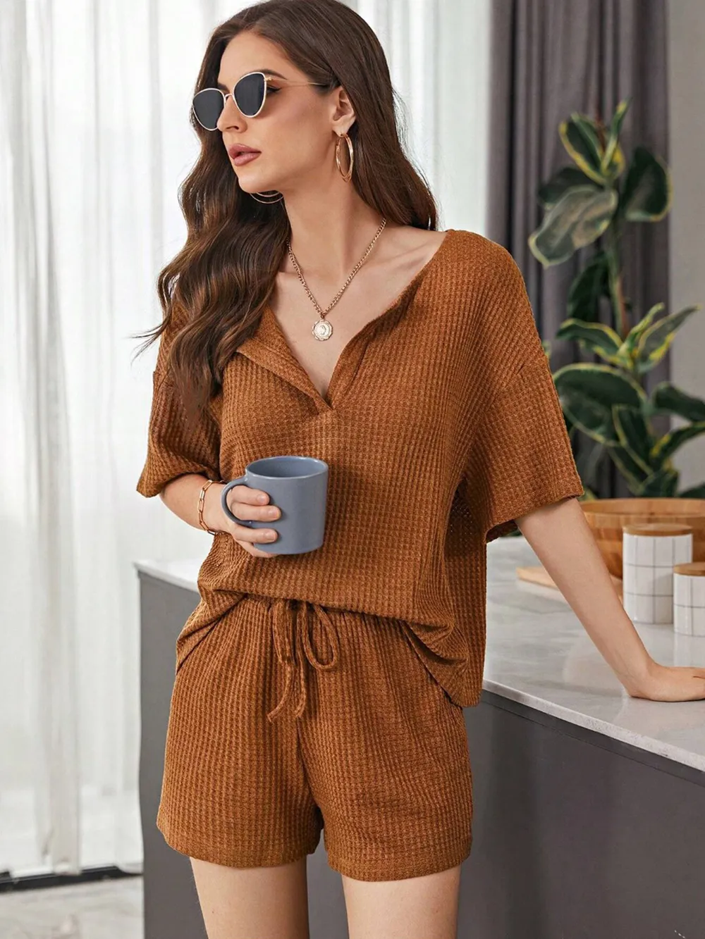 Full Size Waffle-Knit Dropped Shoulder Top and Shorts Set, image 17
