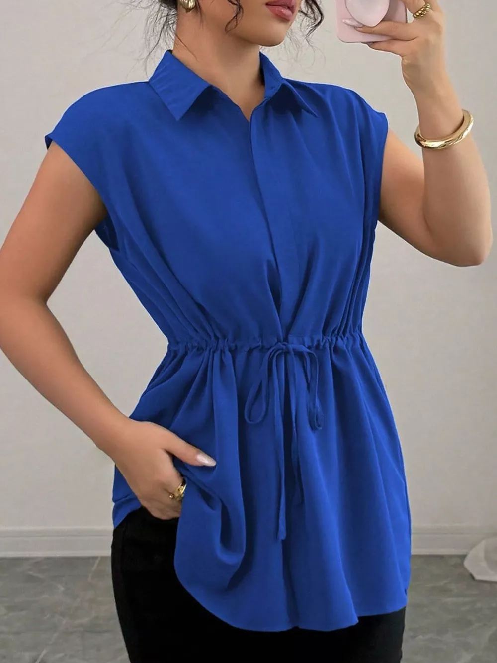 Drawstring Waist Cap Sleeve Shirt, image 29