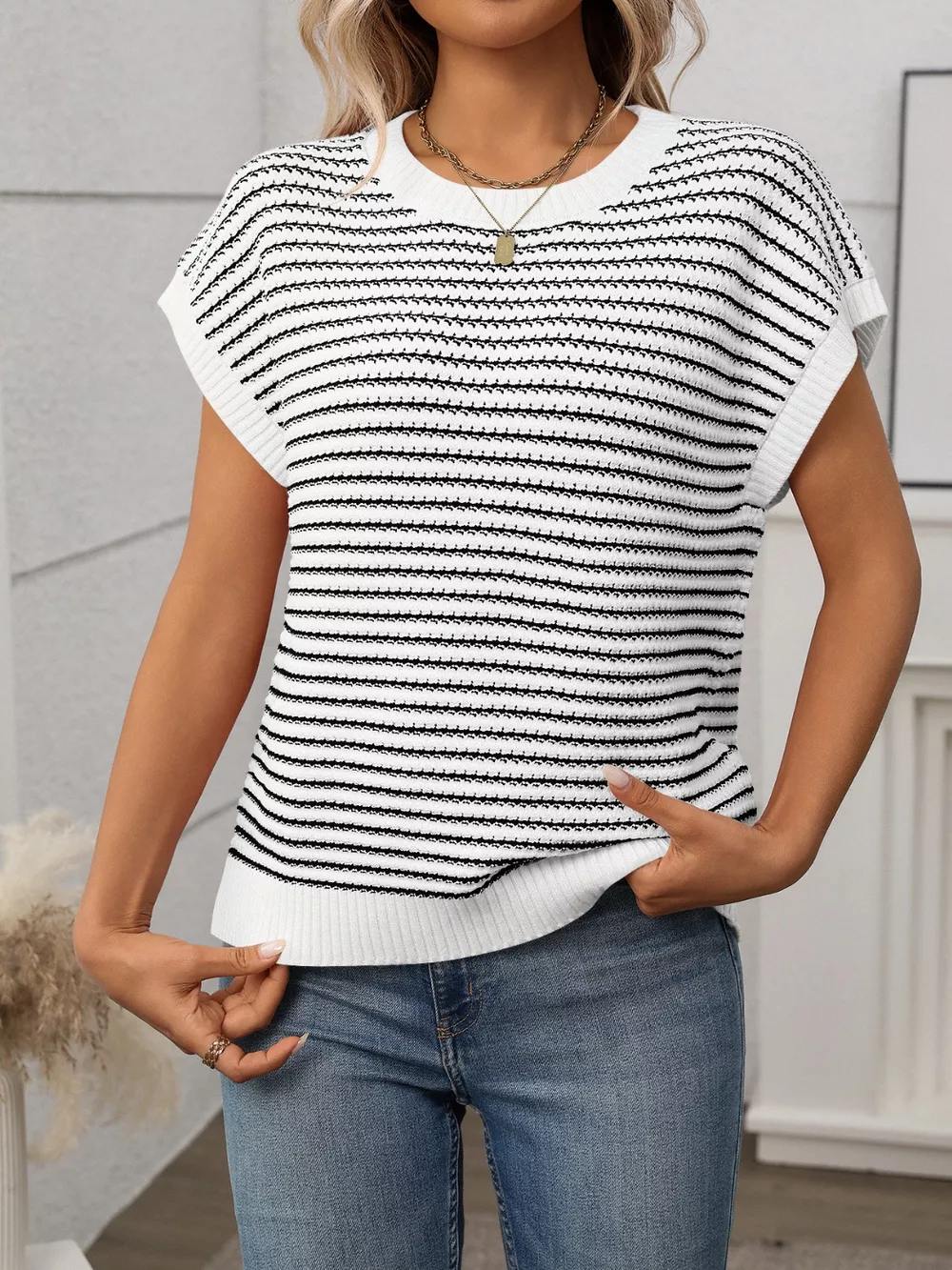Striped Round Neck Short Sleeve Knit Top, image 20