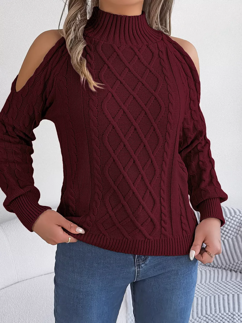 Cable Knit Cold Shoulder Turtleneck Sweater, image 18
