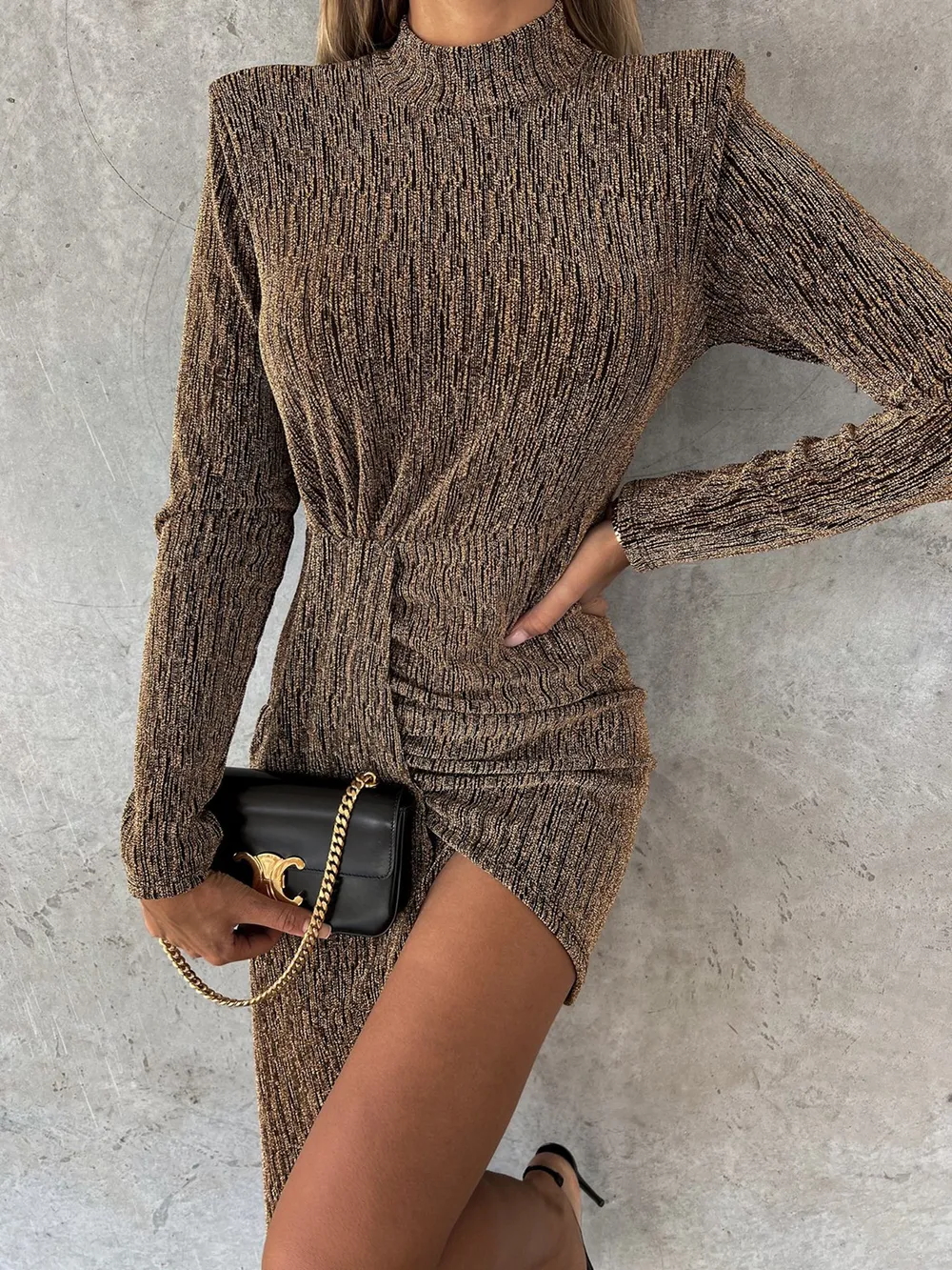 Heathered Mock Neck Long Sleeve Mini Dress, image 3