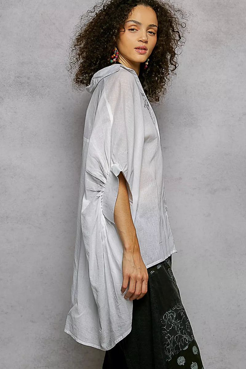 Button Down Embroidered Floral High-Low Hem Shirt, image 5