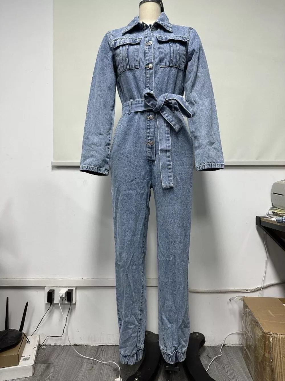 Long Sleeve Button-Up Denim Jumpsuit with Belted Waist and Elastic Cuffs, image 4