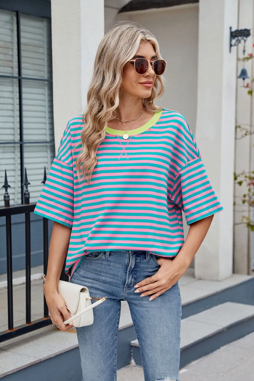 Contrast Striped Round Neck Half Sleeve T-Shirt, image 2