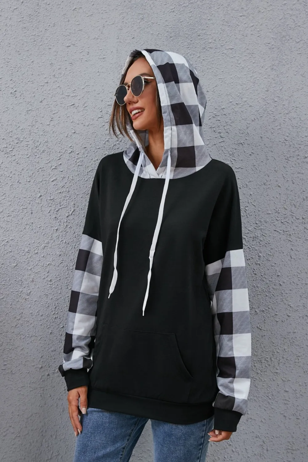 Plaid Drawstring Dropped Shoulder Hoodie, image 3