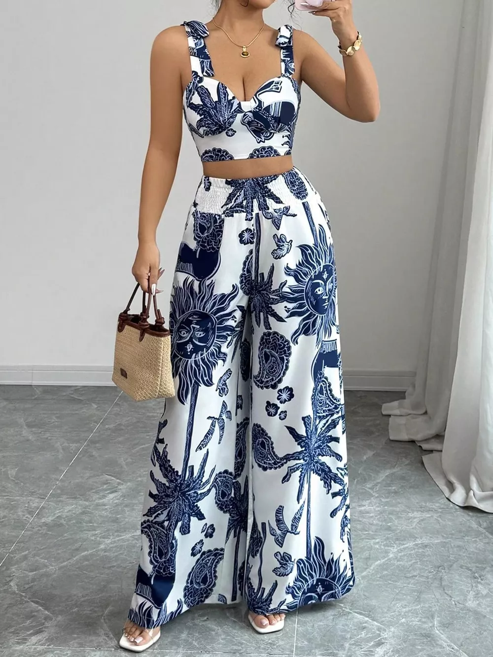 Floral Print Crop Top and Wide Leg Pants Set, image 3