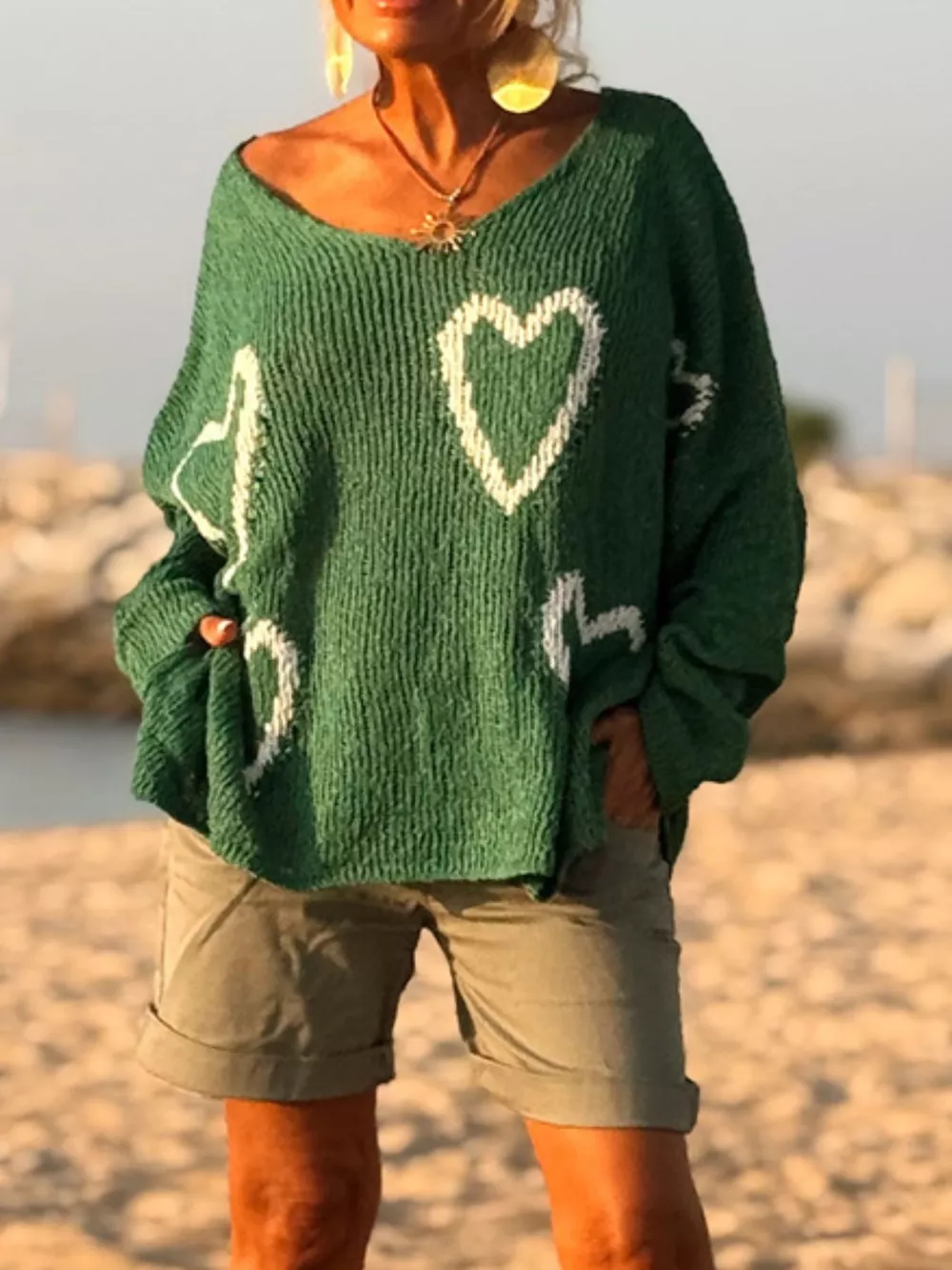 Heart V-Neck Dropped Shoulder Sweater, image 18
