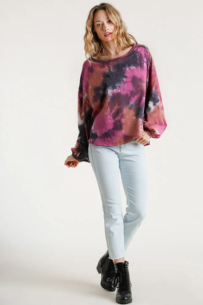 Full Size Tie Dye Round Neck Long Balloon Sleeve Top Plus Size, image 3
