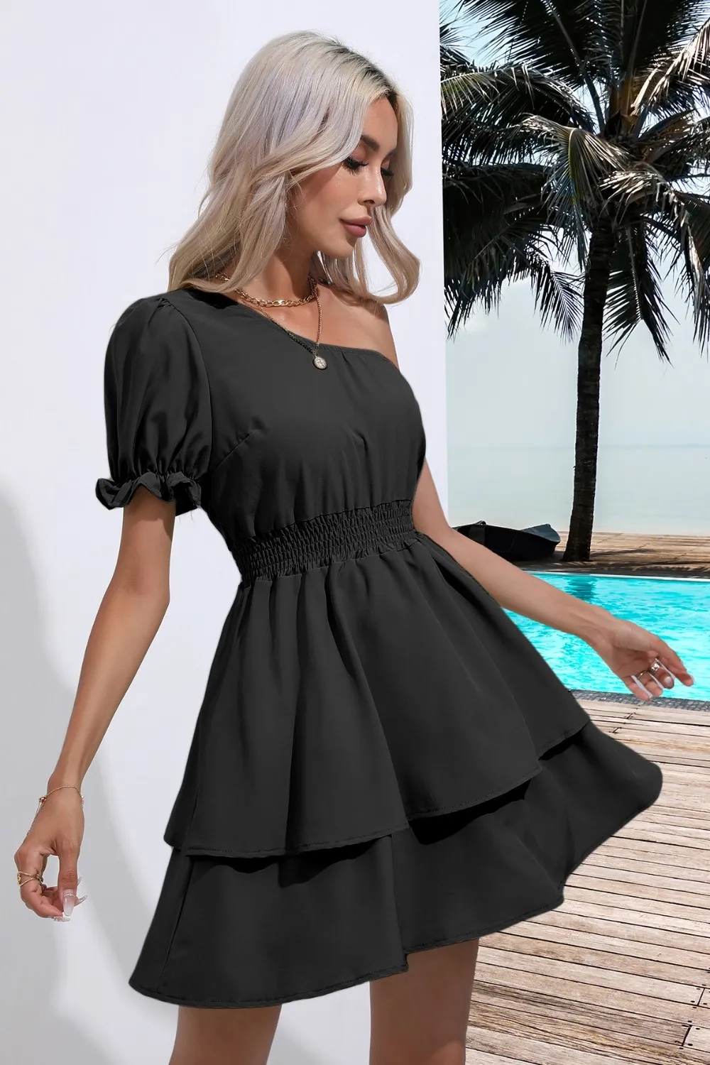 Layered Single Shoulder Flounce Sleeve Mini Dress, image 14