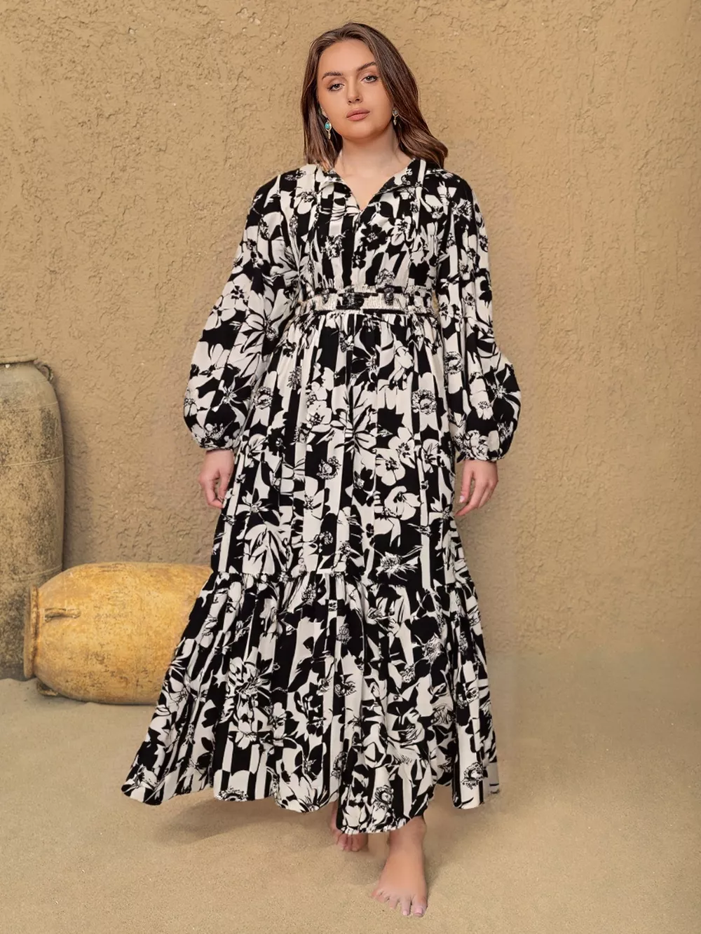 Plus Size Floral Print Balloon Sleeve Maxi Dress