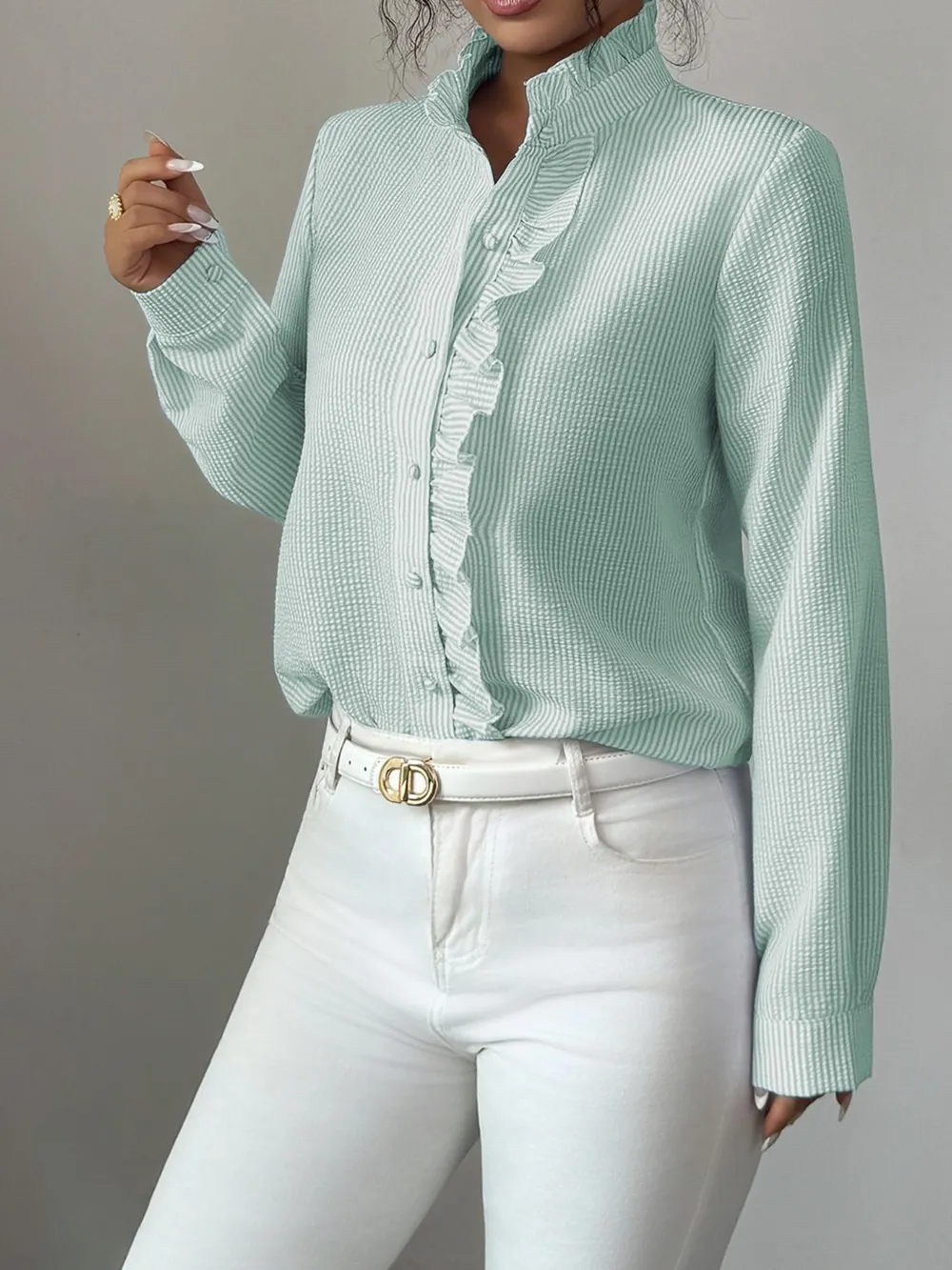 Ruffle Front Striped Button-Up Shirt, image 9