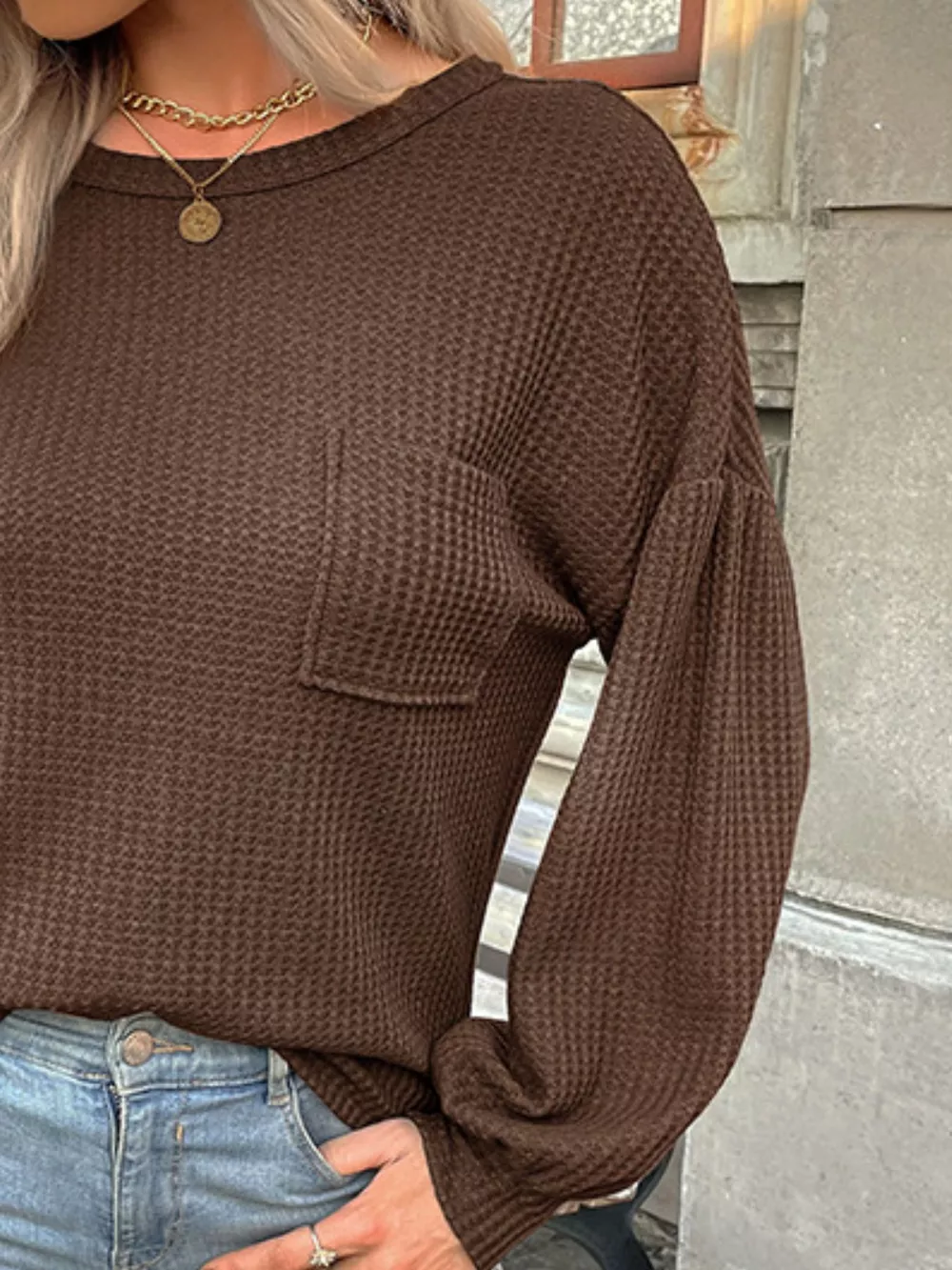 Waffle Knit Round Neck Top, image 10