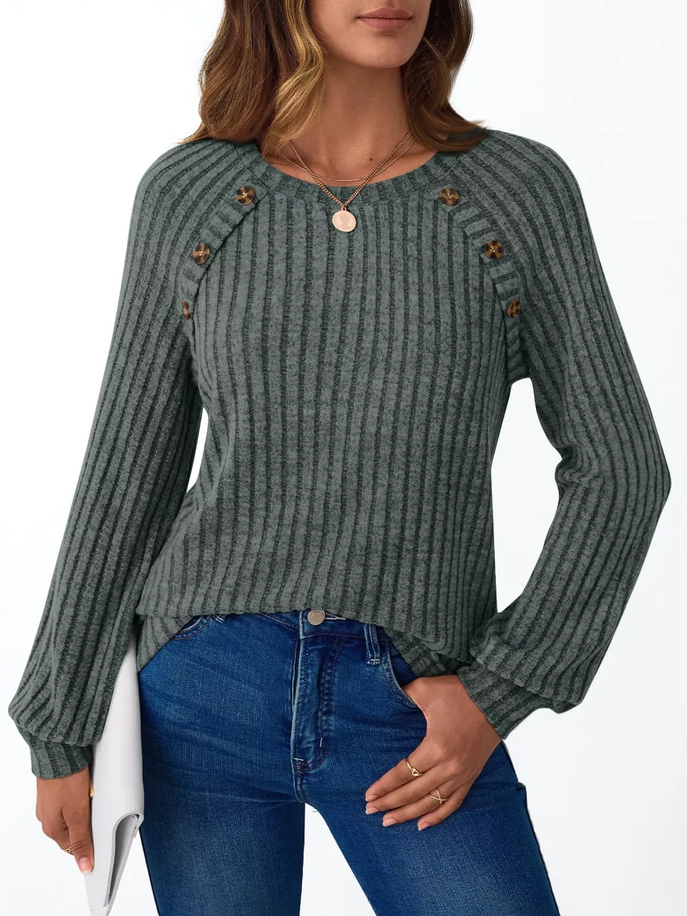 Ribbed Knit Decor Button Long Sleeve T-Shirt, image 6