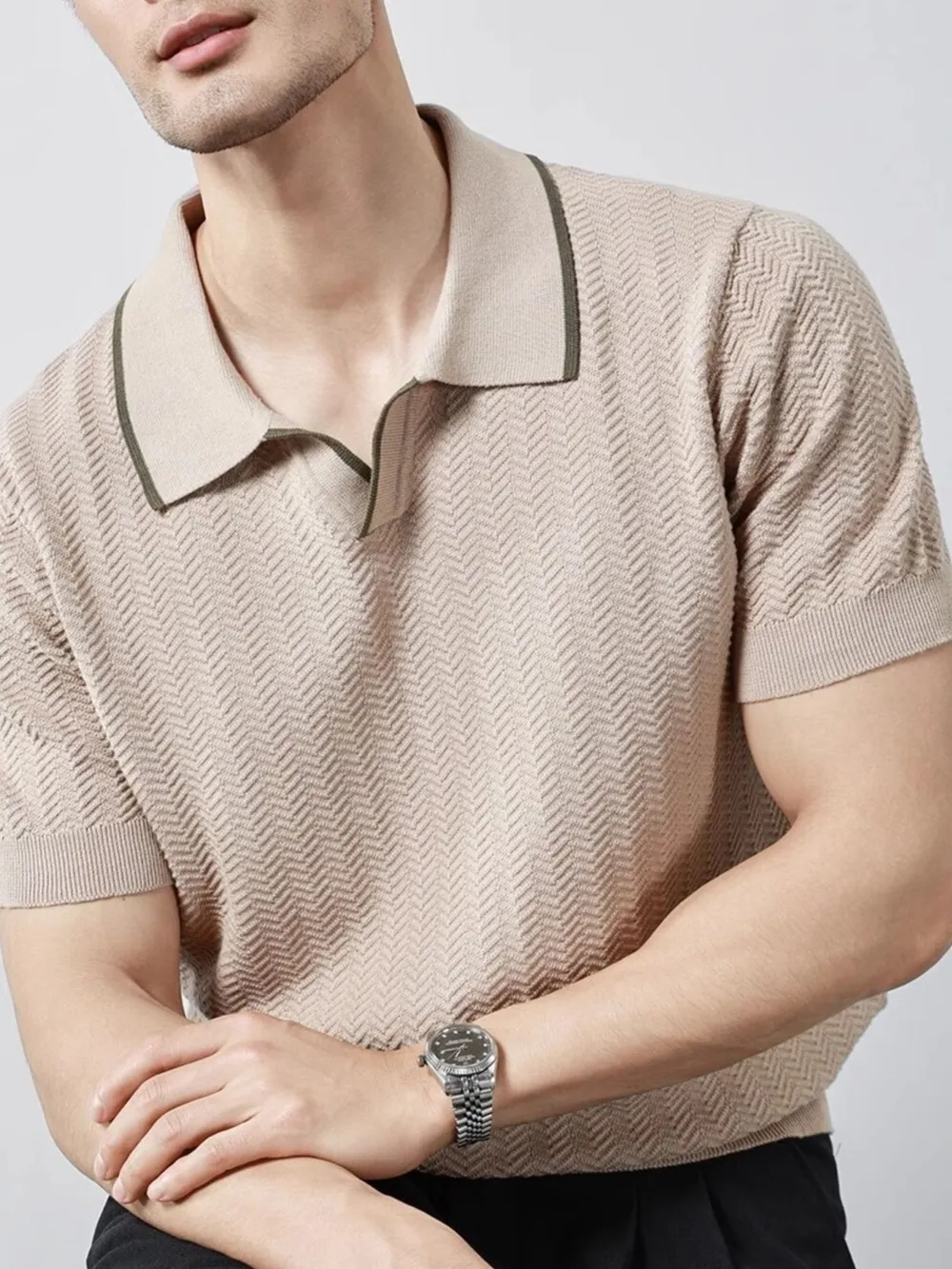 Men's Plus Size Textured Contrast Trim Short Sleeve Polo, image 9