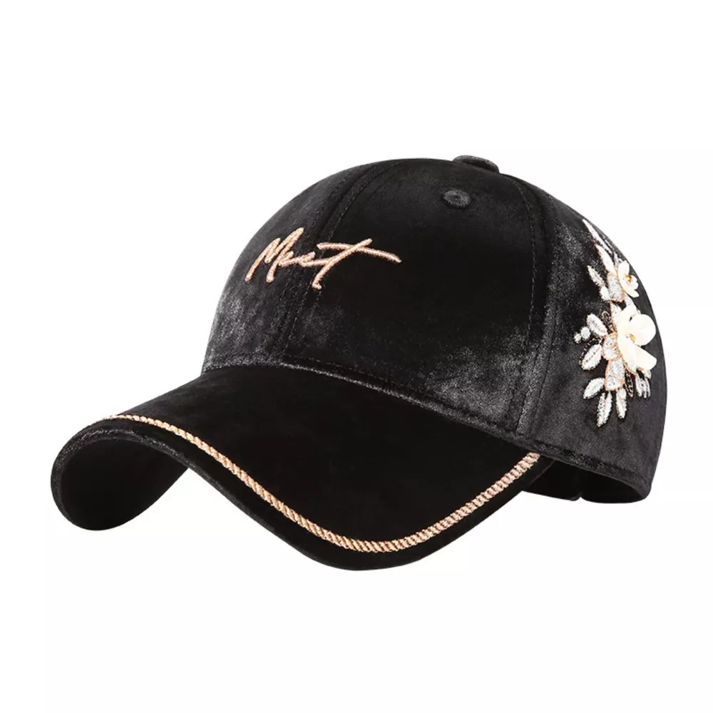Velvet Baseball Cap with Floral Embellishments