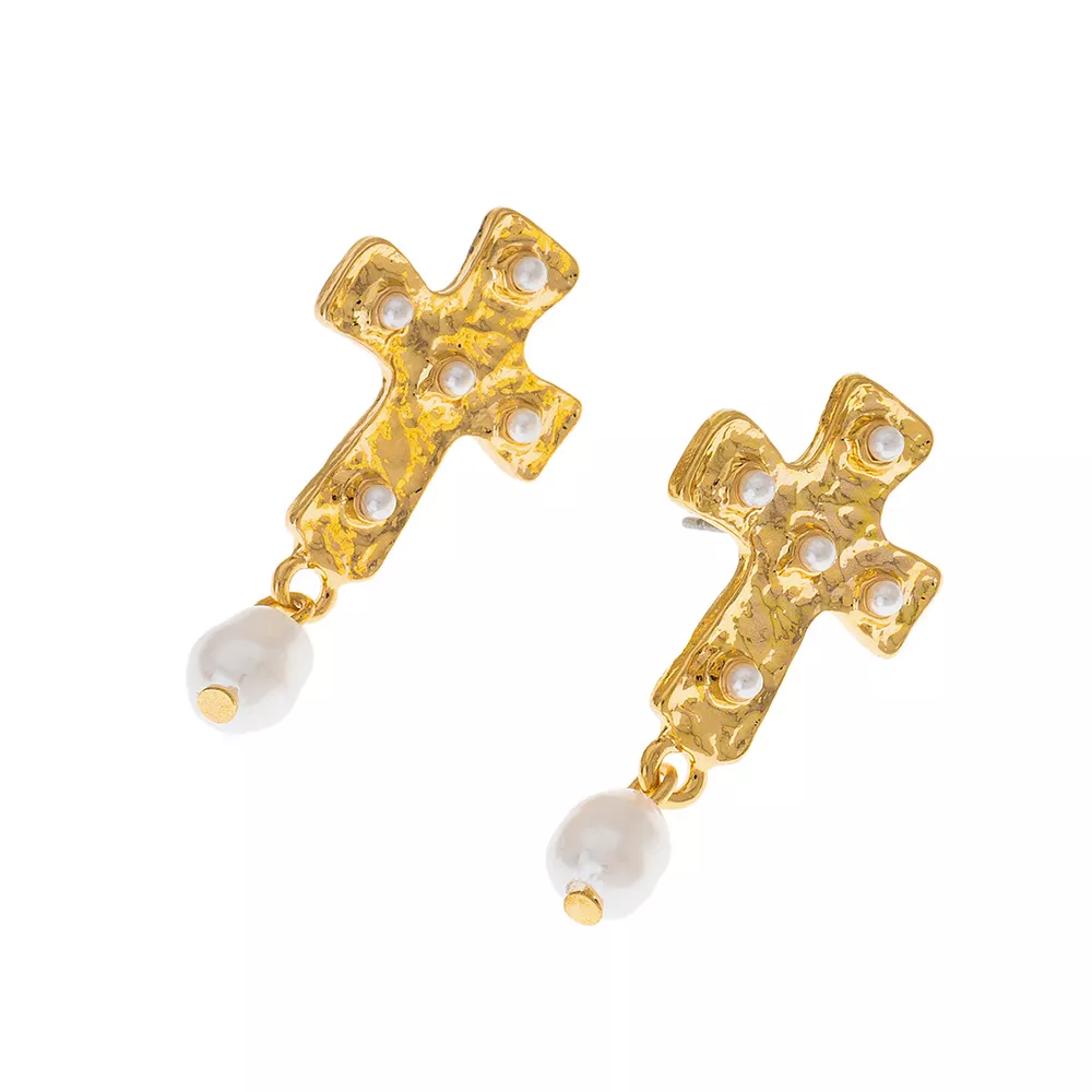 18K Gold-Plated Synthetic Pearl Cross Drop Earrings, image 4