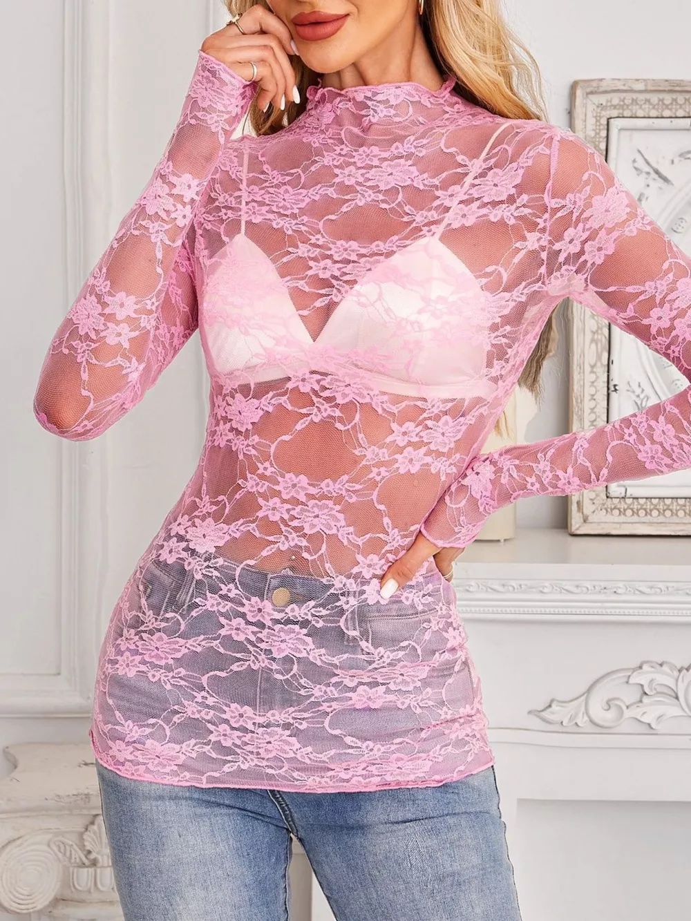 Sheer Floral Lace Long Sleeve Top, image 22