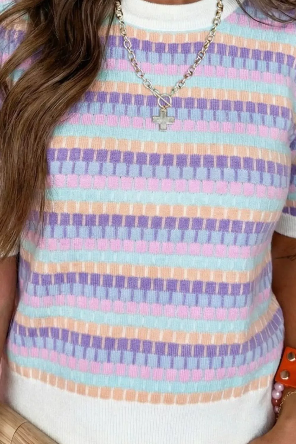 Abstract Striped Knit Short Sleeve Sweater, image 3