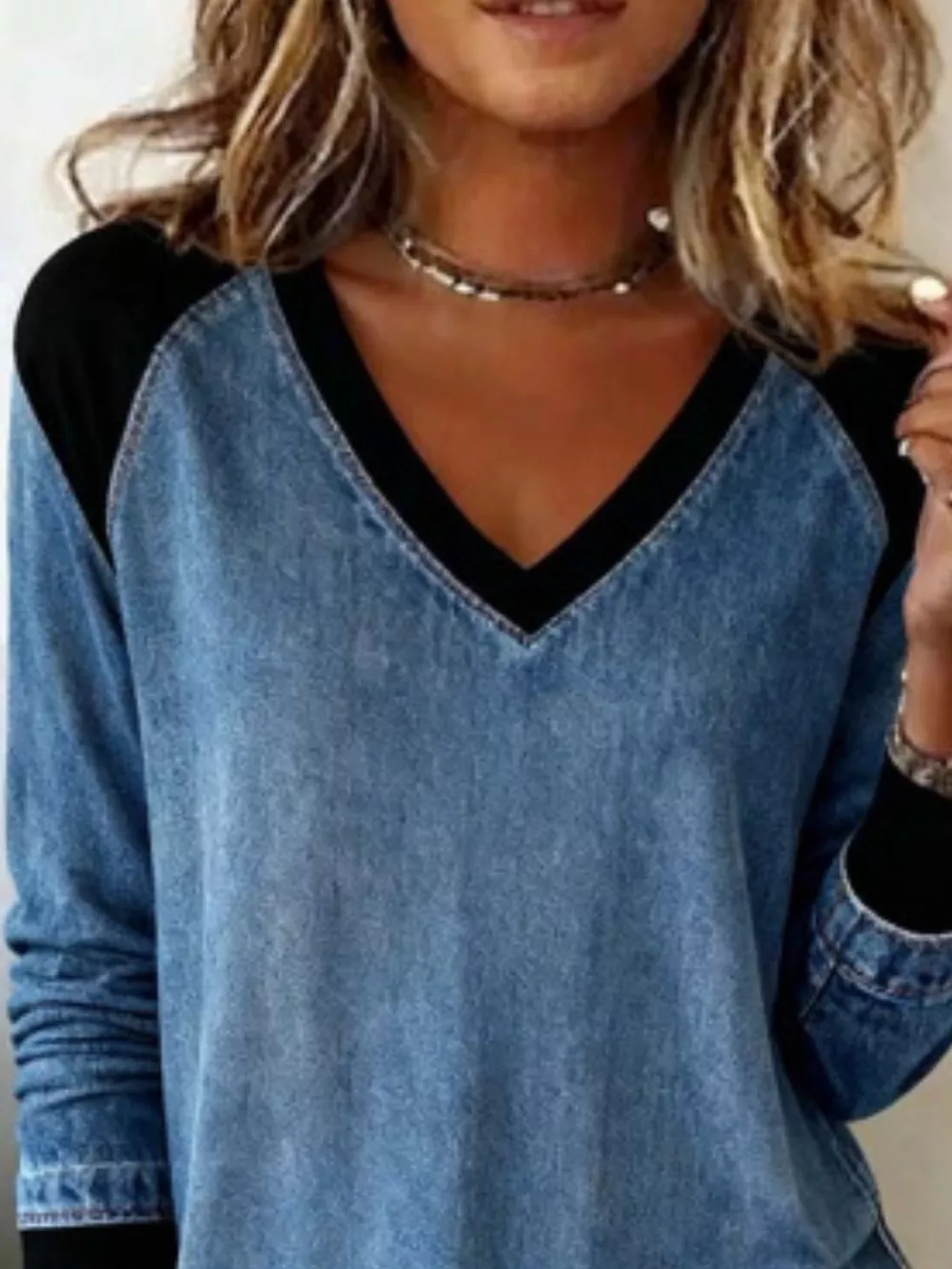 Full Size Patchwork V-Neck Long Sleeve Blouse Plus Size, image 3