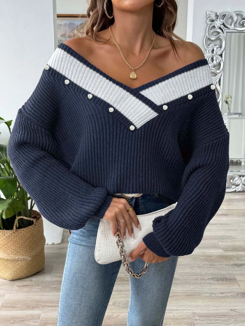 Contrast Trim Dropped Shoulder Long Sleeve Sweater, image 5