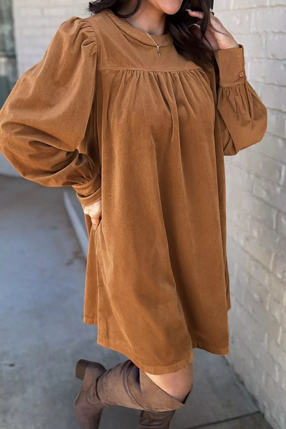 Corduroy Puff Sleeve Mini Dress