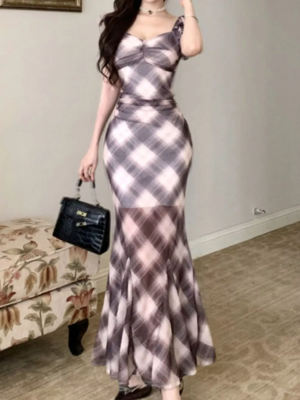 Plaid Ruffle Cap Sleeve Bodycon Maxi Dress, image 9