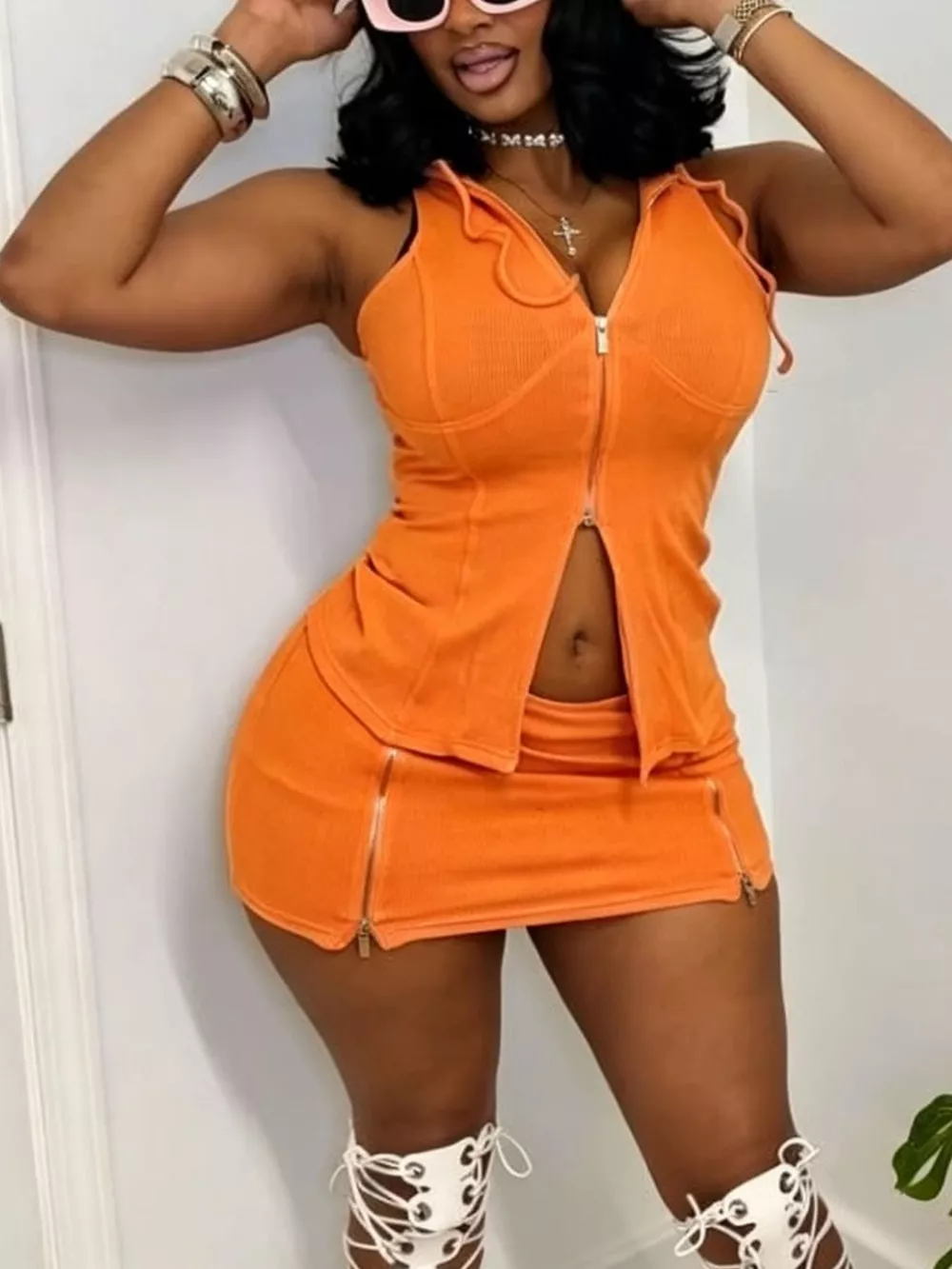Hooded Zippered Sleeveless Top and Skirt Set, image 10