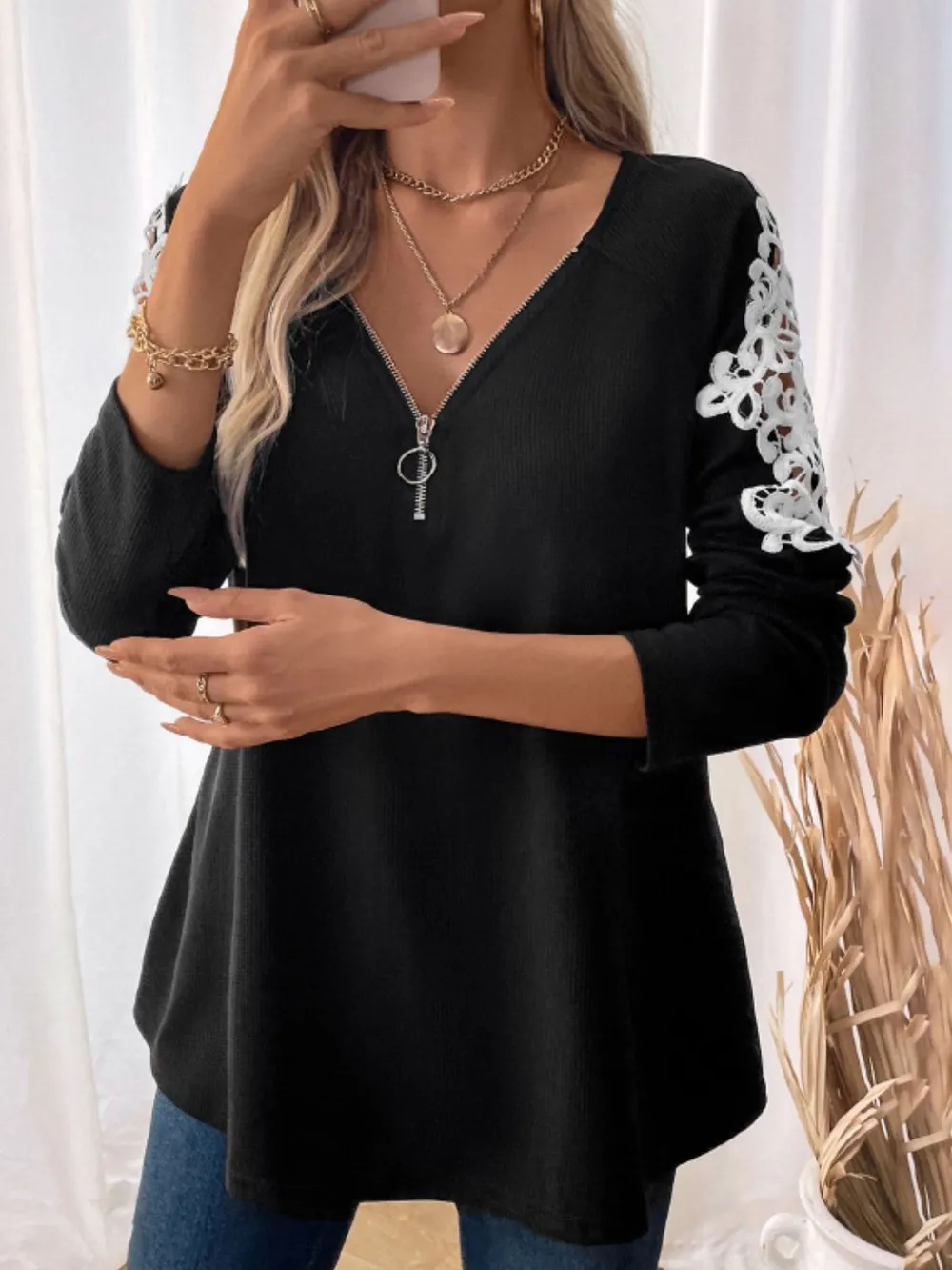 Lace Detail Quarter Zip Long Sleeve Top, image 6