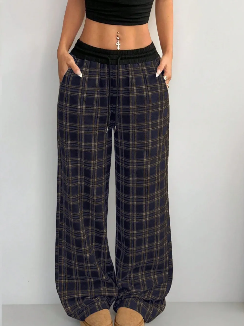Plaid Wide Leg Pants with Drawstring Waist, image 6