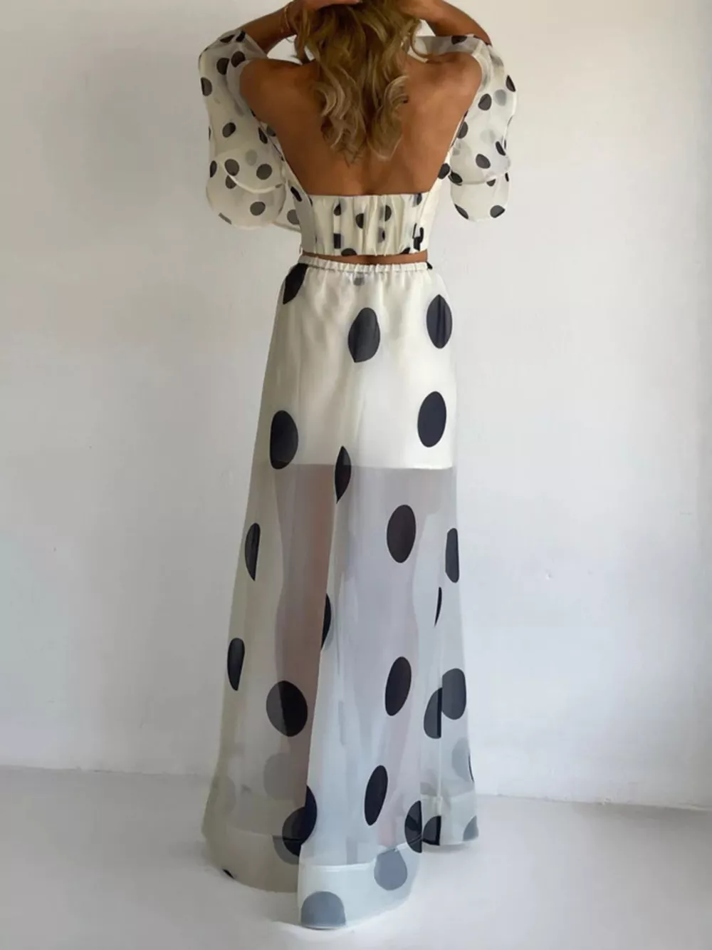 Polka Dot Ruffle Crop Top and Maxi Skirt Set, image 11