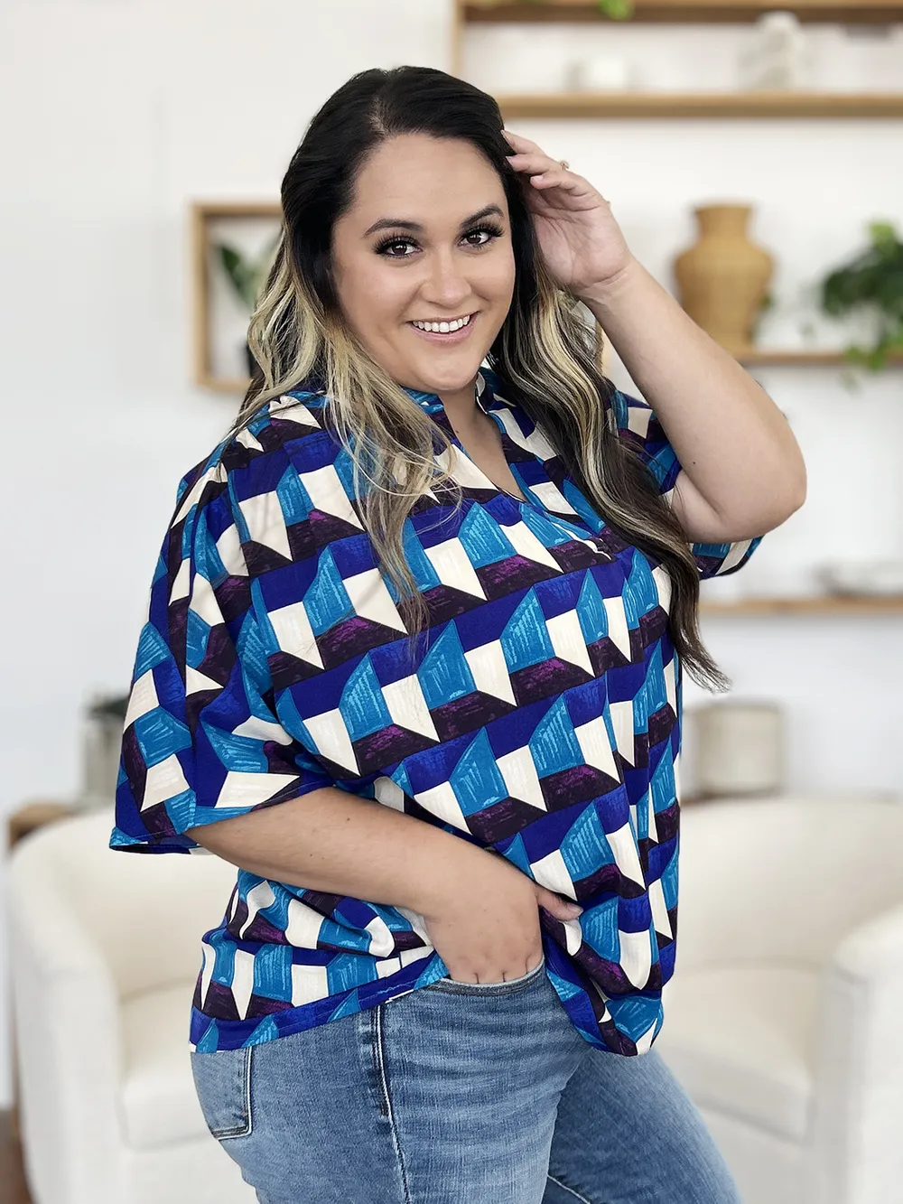 Full Size Geometric Notched Half Sleeve Blouse, image 19