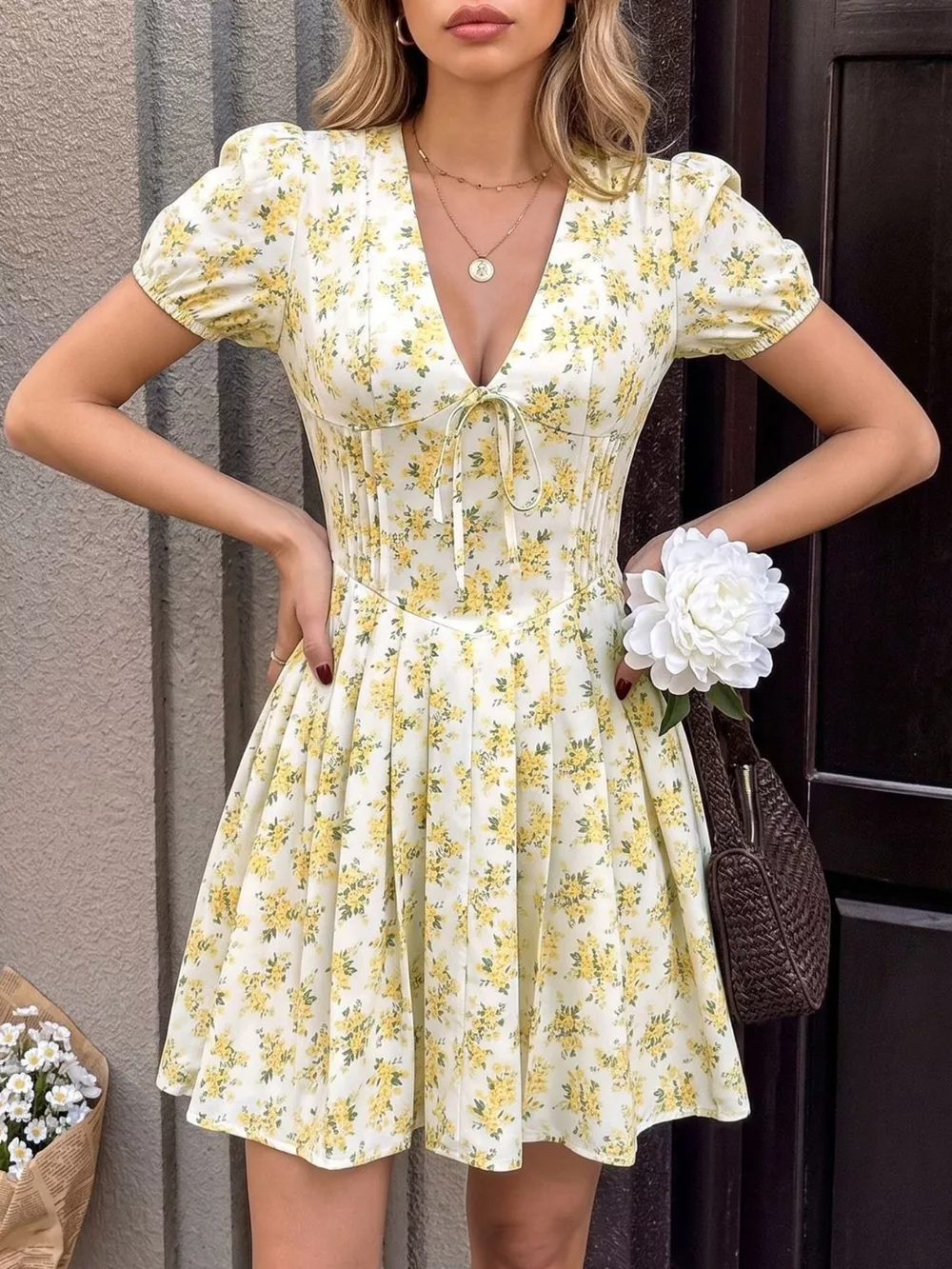 Floral Print V-Neck Puff Sleeve Mini Dress, image 2