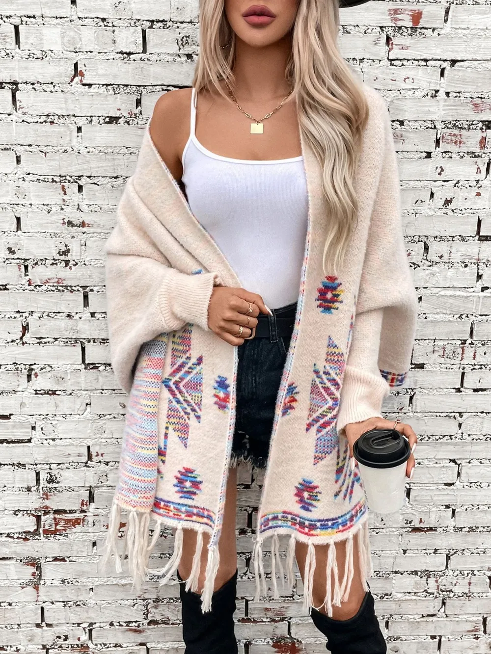 Fringe Geometric Open Front Long Sleeve Cape, image 7