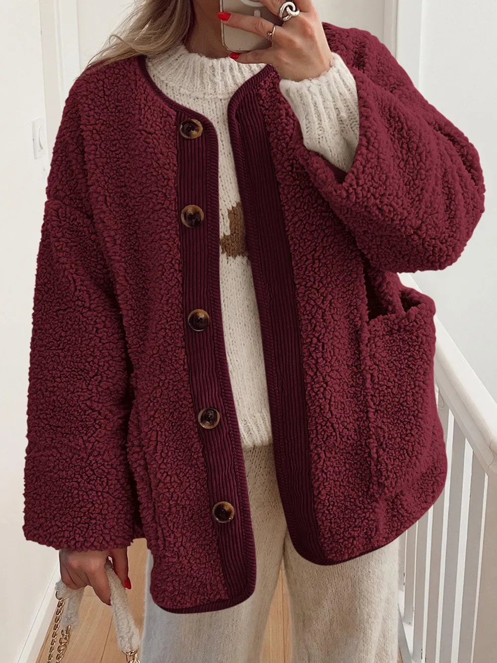 Contrast Button Up Sherpa Jacket with Pockets, image 21