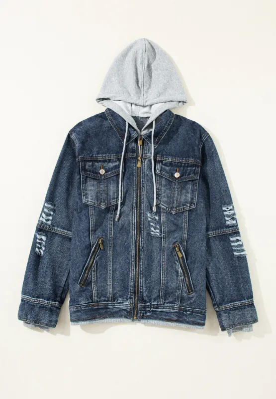 Fake Two-Piece Hooded Zip-Up Denim Jacket, image 15