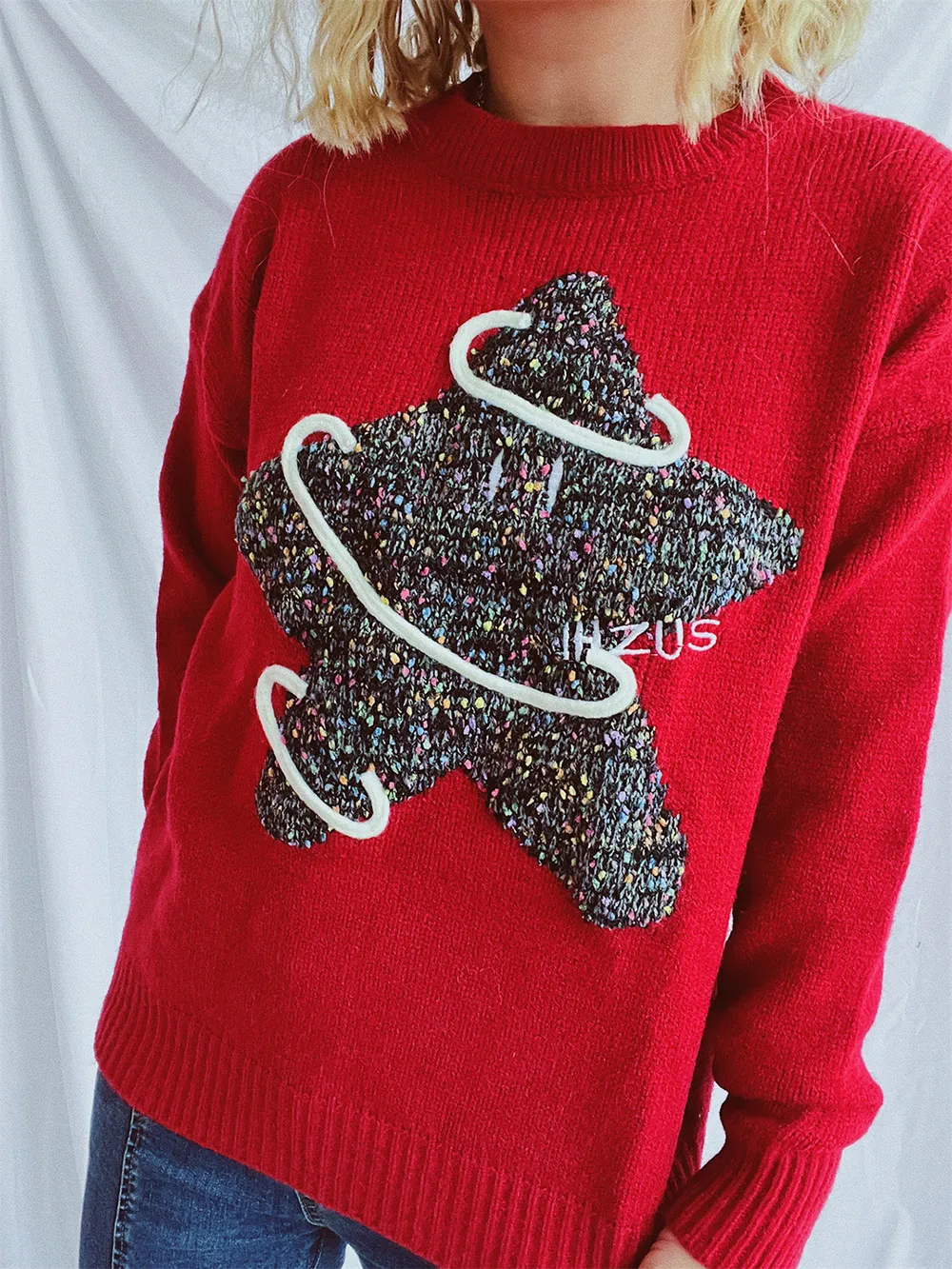 Contrast Star Round Neck Long Sleeve Sweater, image 6