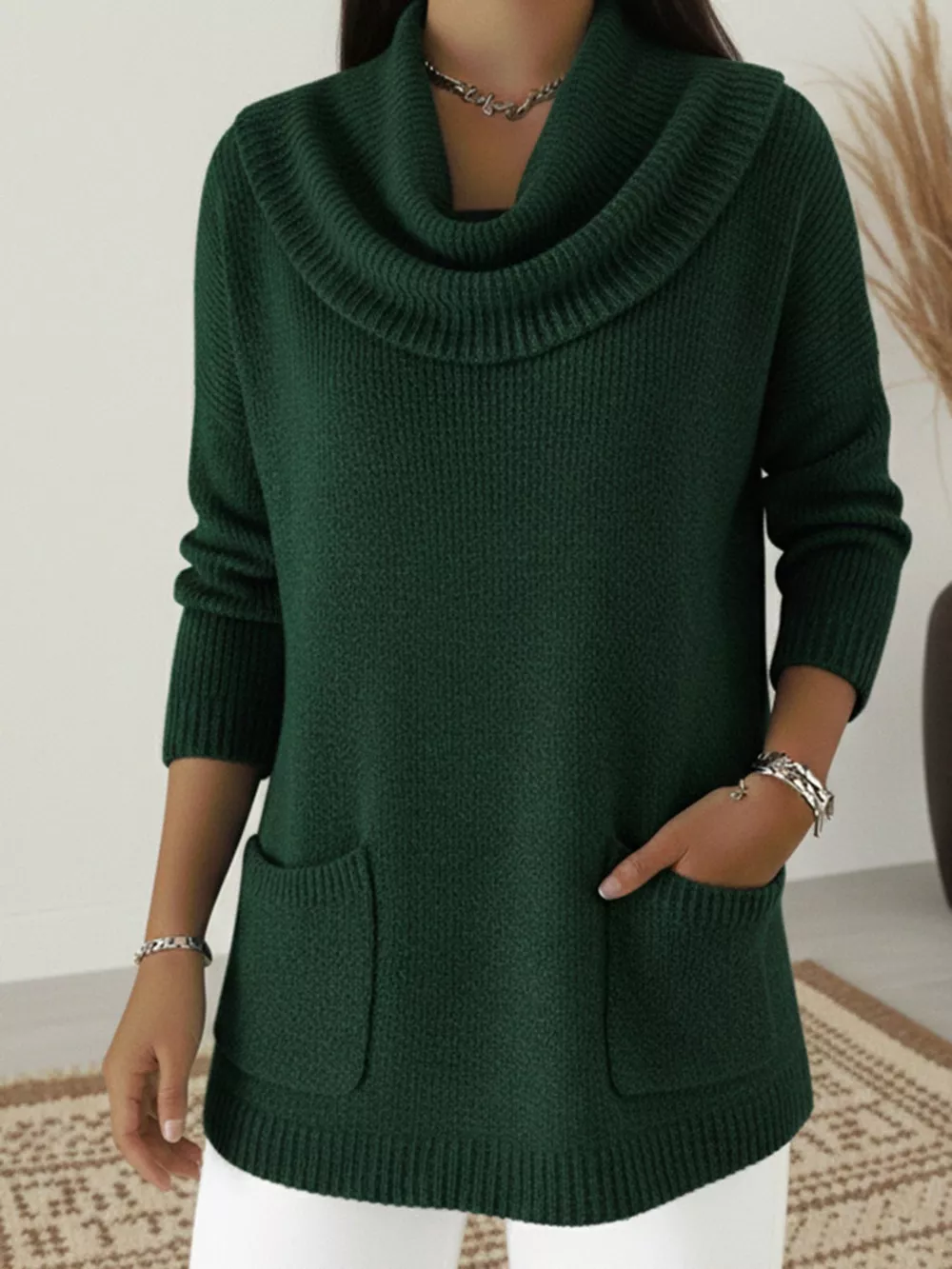 Full Size Cowl Neck Long Sleeve Sweater with Pockes Plus Size, image 7