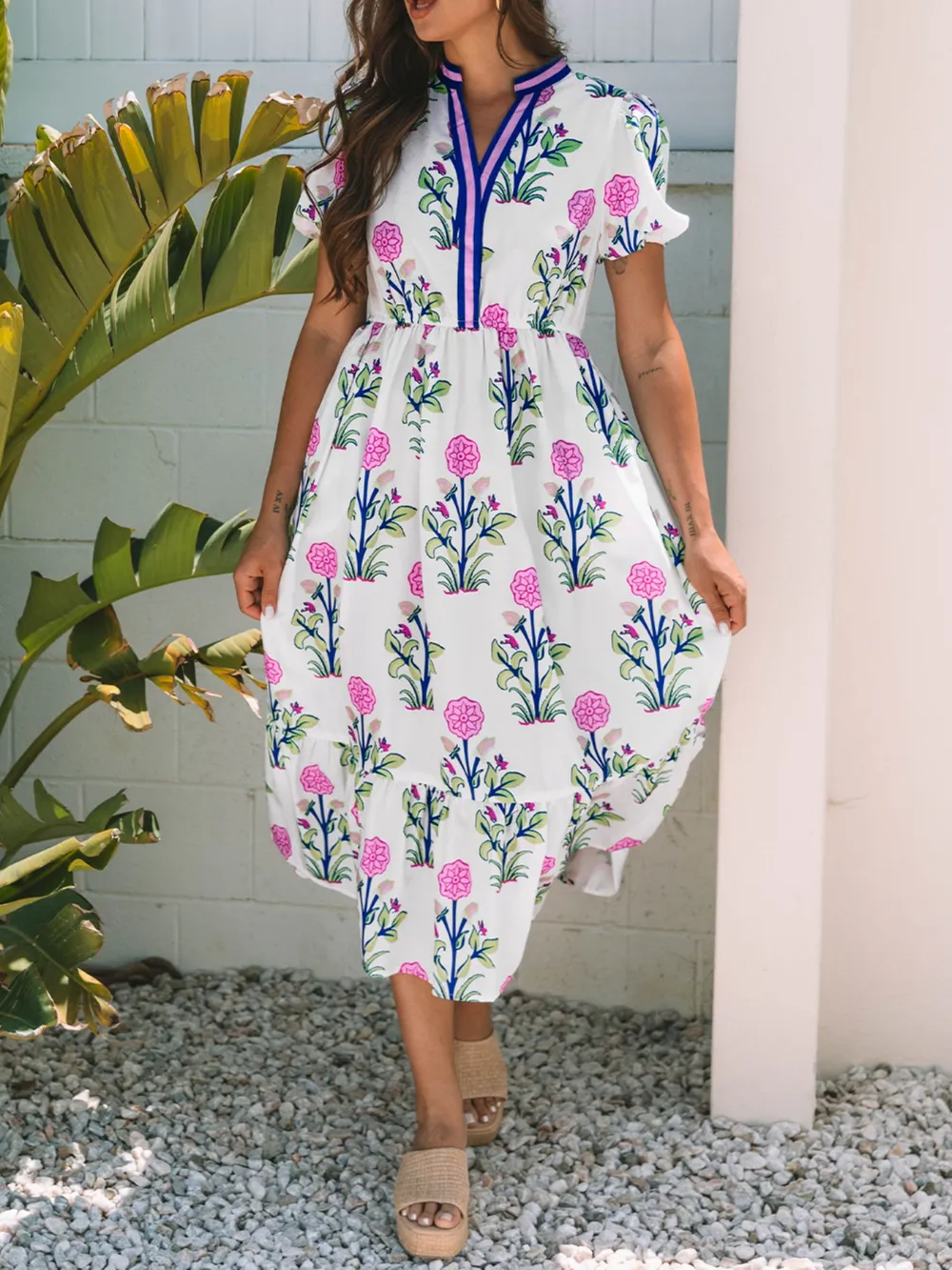 Printed Short Sleeve Midi Dress with Pockets, image 11