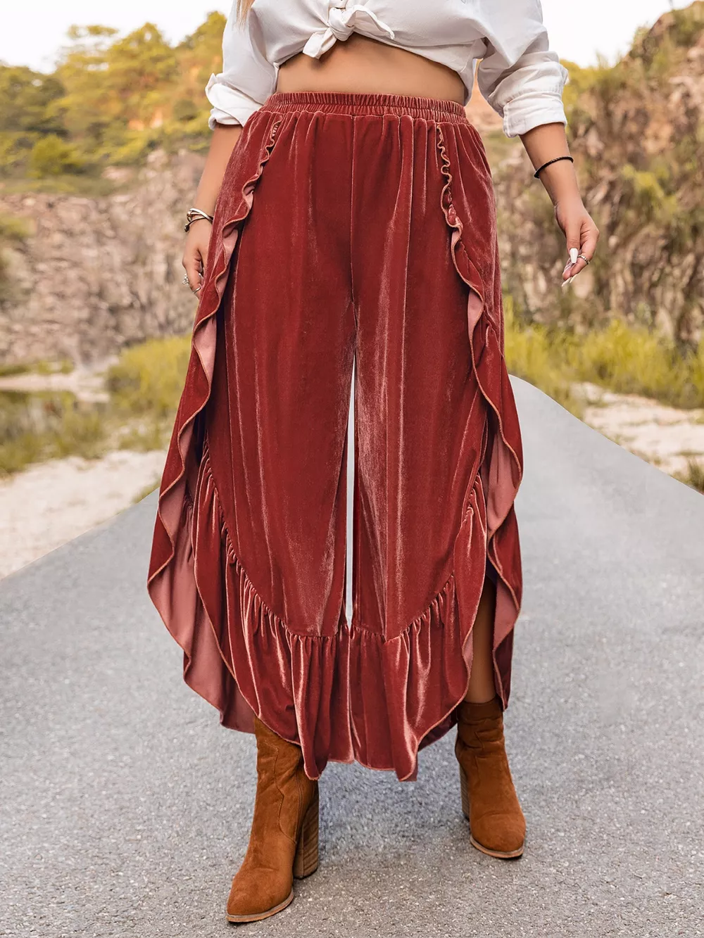 Plus Size Velvet Ruffle Hem Wide Leg Pants, image 7