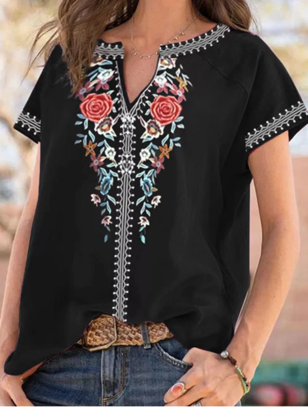 Full Size Floral Notched Short Sleeve Blouse Plus Size, image 5