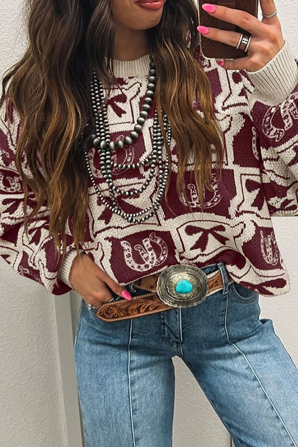 Bows & Horseshoes Pattern Western Round Neck Sweater, image 3