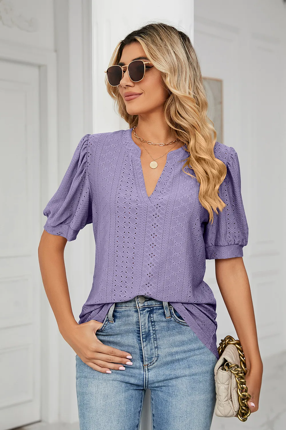 Eyelet Notched Short Sleeve T-Shirt, image 35