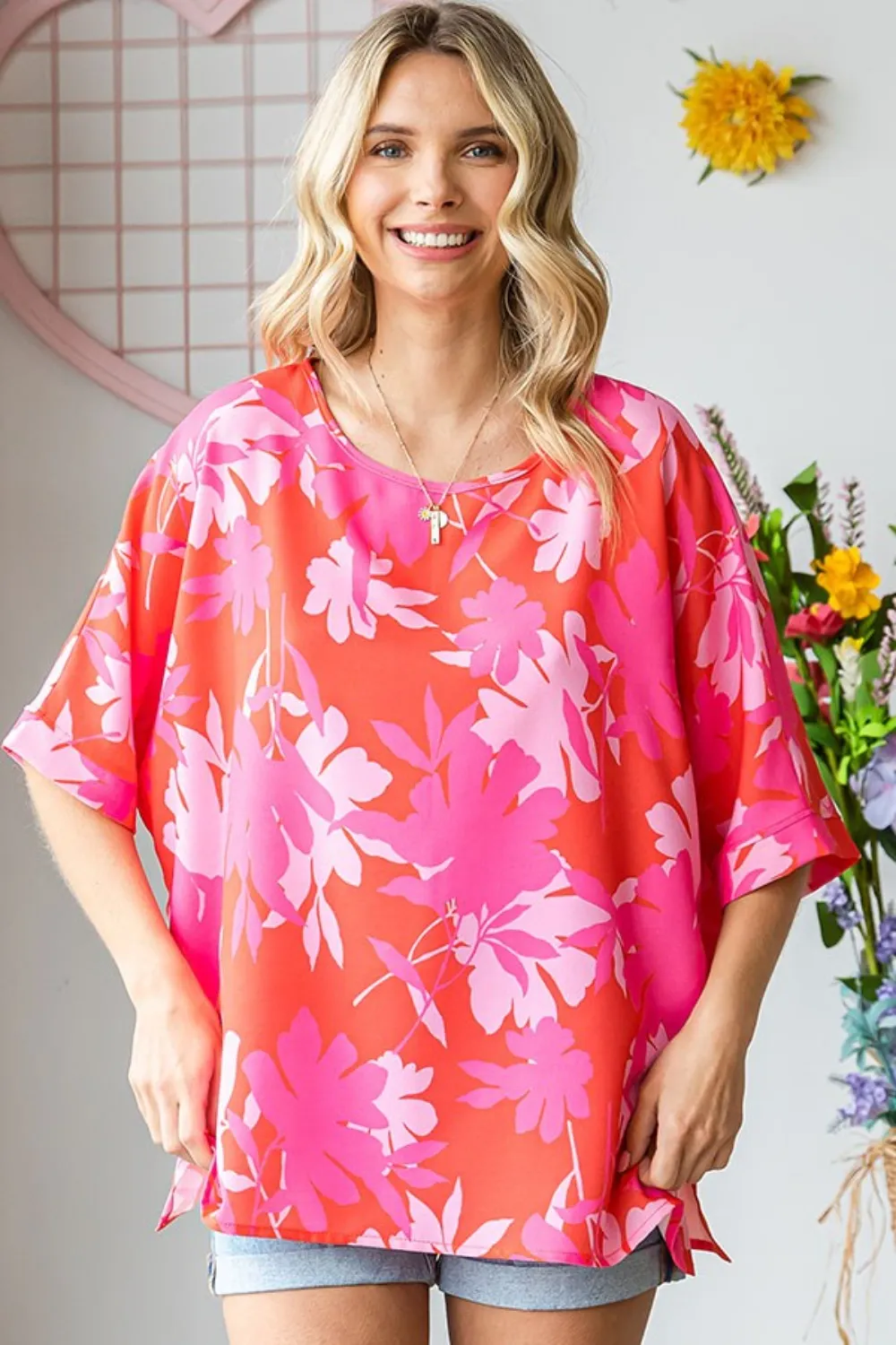 Slit Printed Round Neck Half Sleeve Blouse, image 3