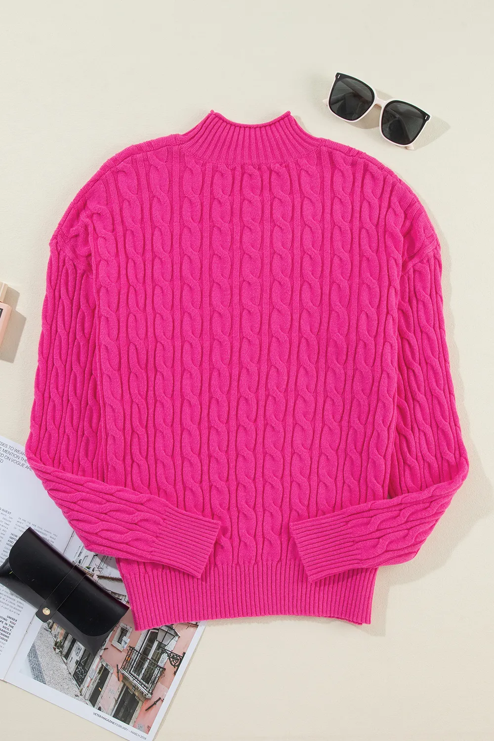Cable-Knit Mock Neck Long Sleeve Sweater, image 3