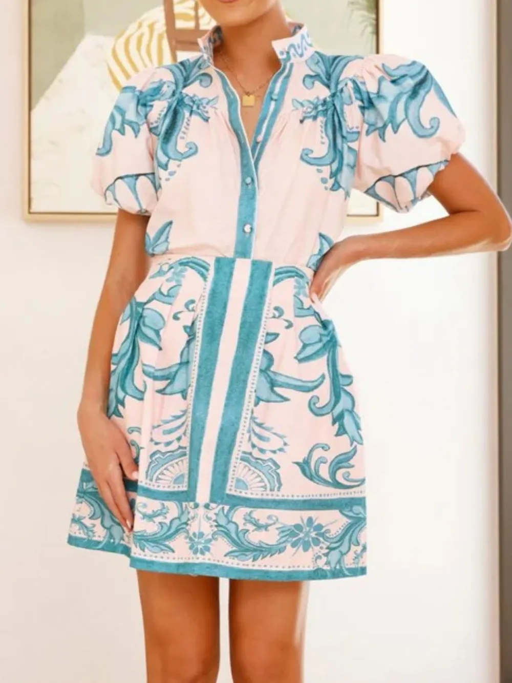 Puff Sleeve Printed Top and Zip Back Skirt Set, image 21
