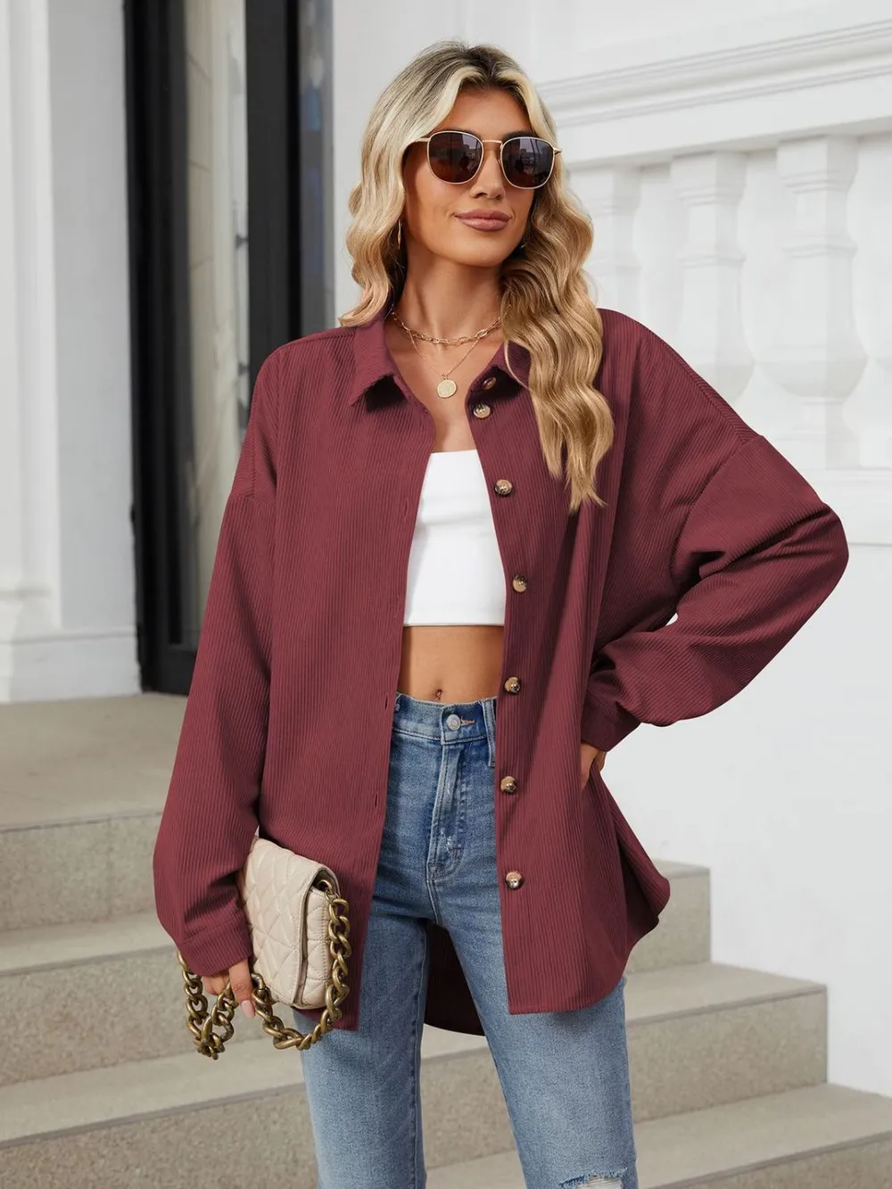 Collared Neck Long Sleeve Dropped Shoulder Shirt, image 6